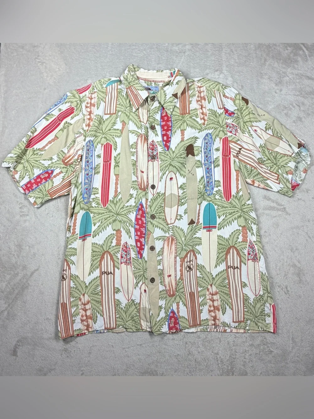 Vintage Reyn Spooner Hawaiian Surfboard Tropical White Cream Collared Shirt S
